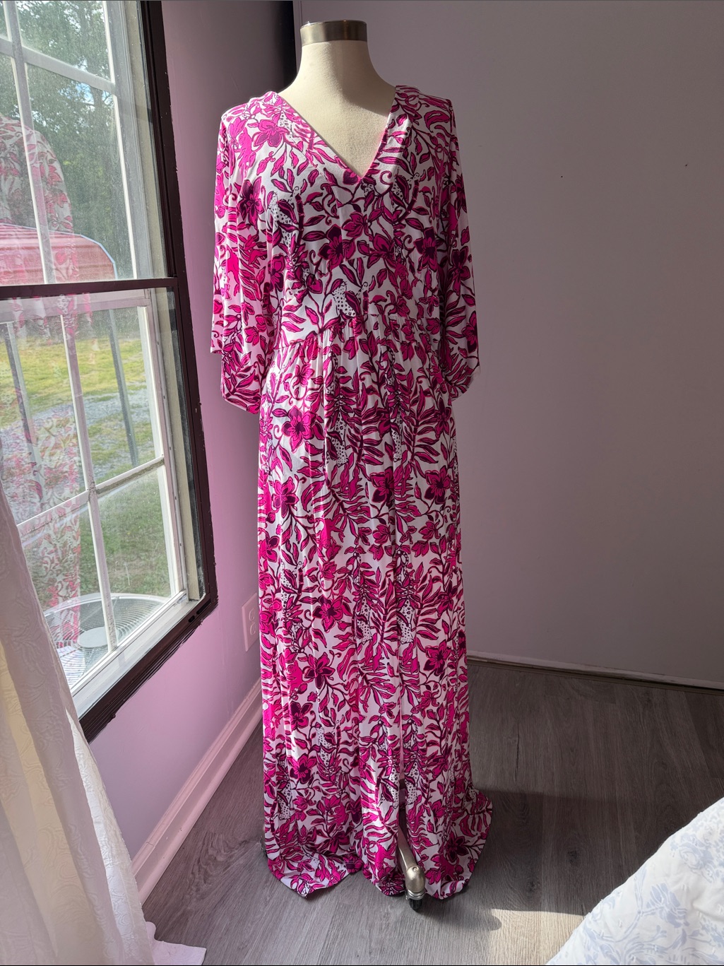 Lilly Pulitzer Roselle Maxi Dress Hot Pink And White Floral V-Neck Elderflower